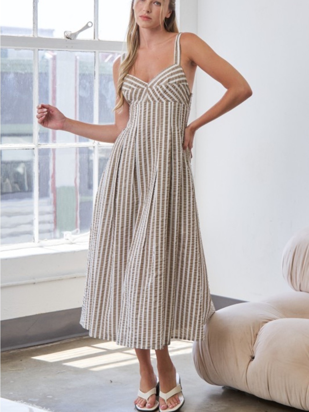 TAUPE STRIPED MIDI DRESS